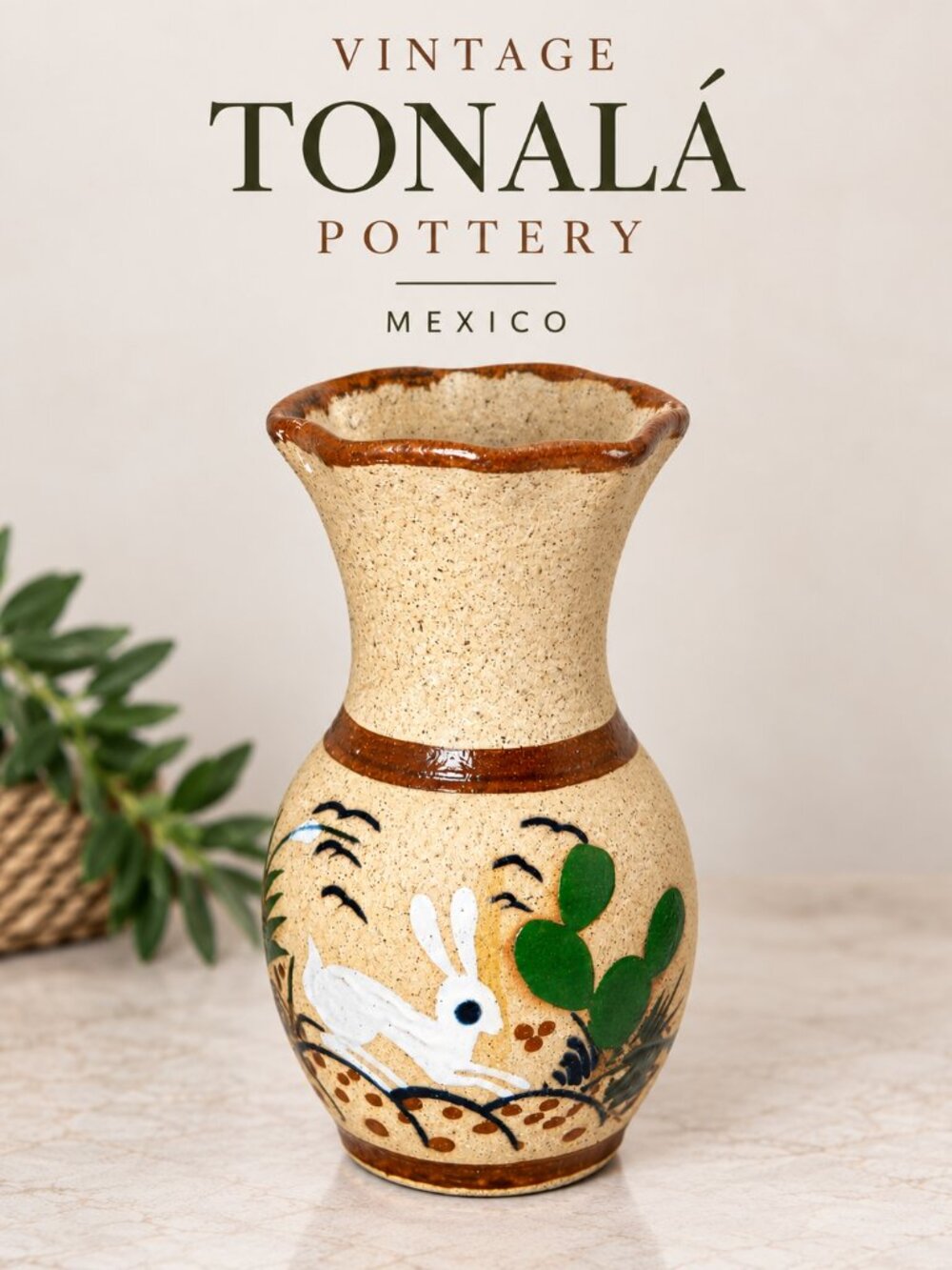 Vintage Tonalá Mexico Pottery Vase Rabbit Cactus Folk Art Hand Painted 7